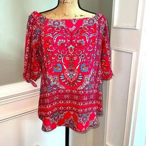 Renee C - Red Boho Print Off-Shoulder Blouse – Vibrant Peasant Top, Size Medium